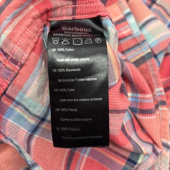 Barbour Mens Large Pink Blue Check Long Sleeve Button Down Light Flannel Shirt - Picture 4 of 6